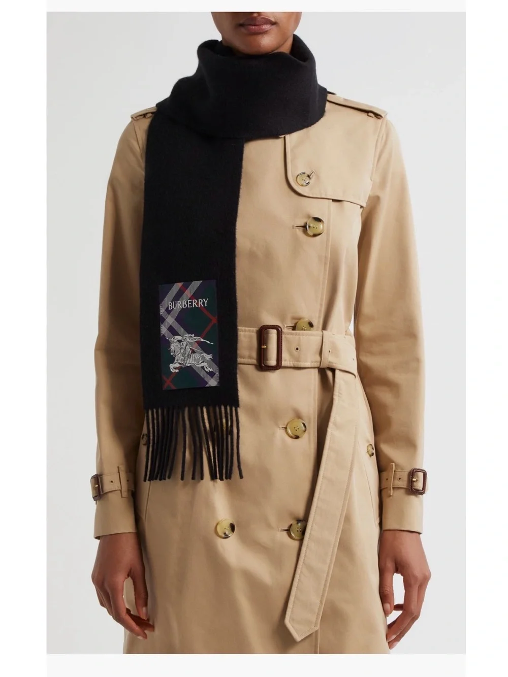 Burberry Equestrian Knight Detail Cashmere Fringe Scarf BLACK NWT